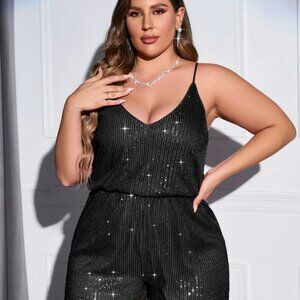 Plus Black Sleeveless Sequin Cami Romper